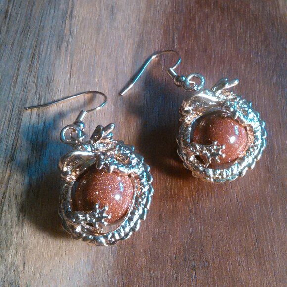 Gold Sandstone and Brown Austrian Crystal Dragon Dangle Earrings - Picture 2 of 9